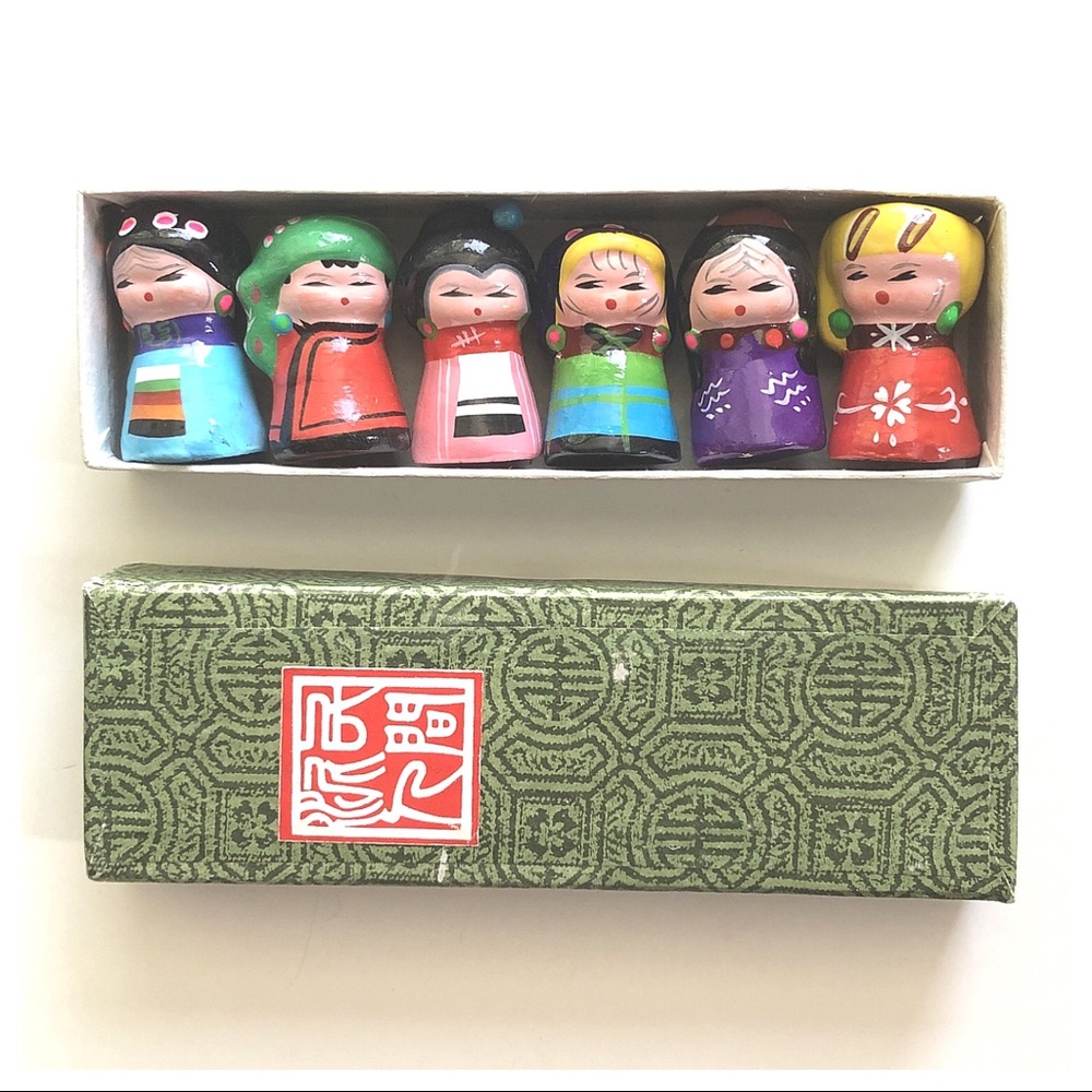 Japanese Kokeshi-Style Folk Dolls in Decorative Box - Set of 6